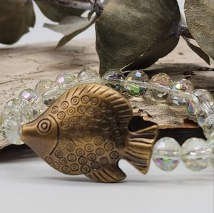 Rainbow CrysBracelet "Antique Gold" Bronze  Fish Pendant Rainbow Crystals